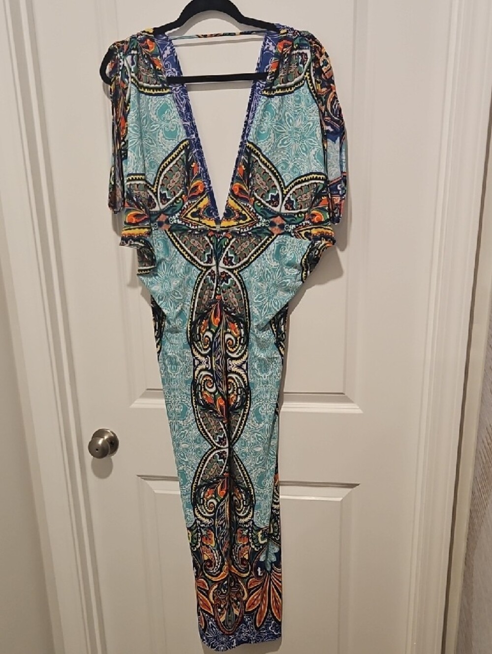 Boho Print Teal Maxi Dress with Deep V